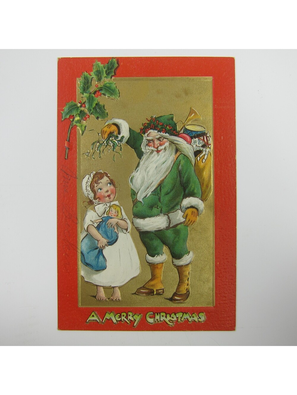 Christmas Postcard Santa Green Suit Girl Tuck Crimson & Gold Series 501 Antique